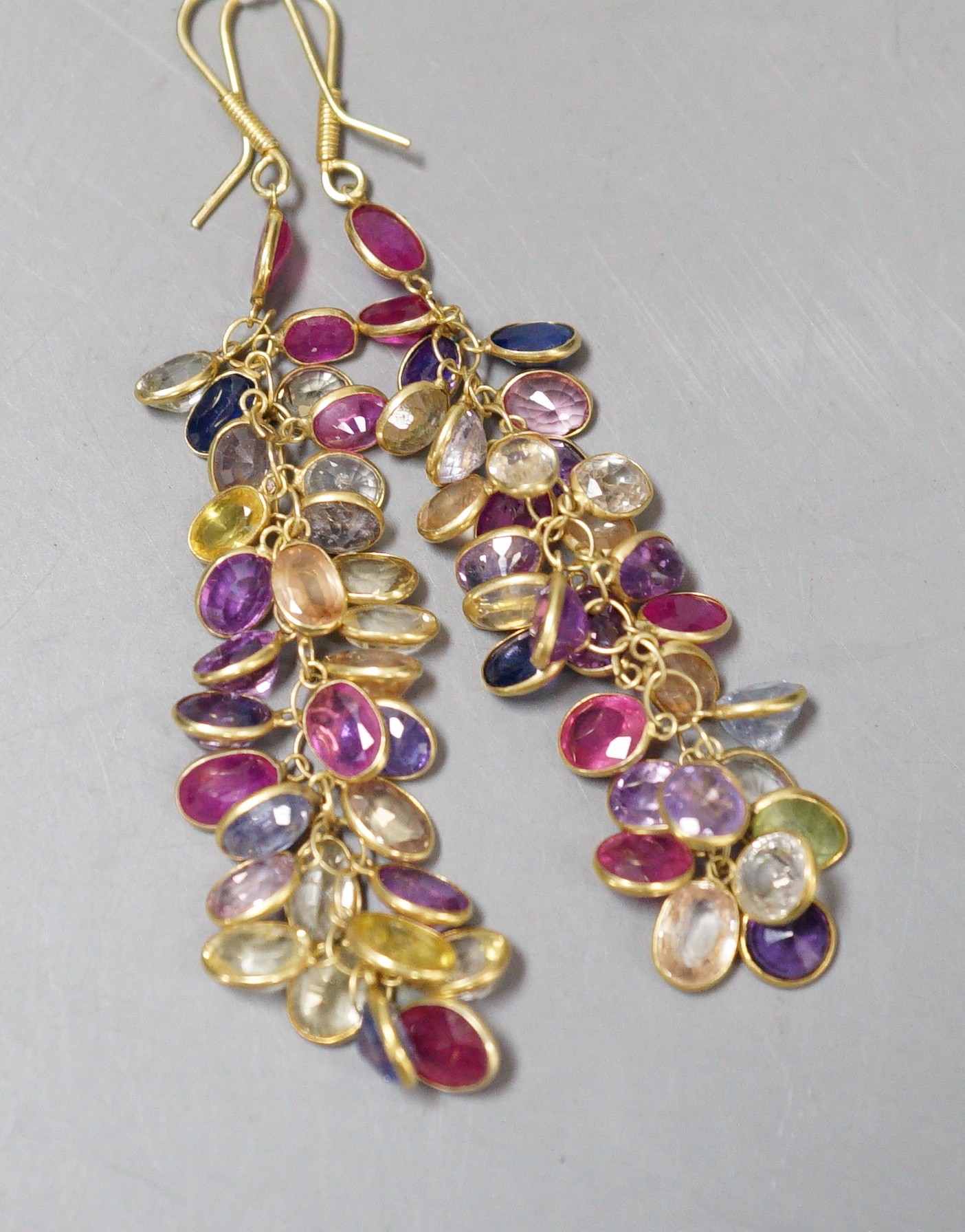 A modern pair of yellow metal and multi gem cluster set drop earrings, 49mm, gross weight 8.5 grams.